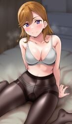 1girls black_pantyhose blush bra breasts cleavage closed_mouth collarbone commentary female gusset highres large_breasts long_hair looking_at_viewer love_live! love_live!_superstar!! nervous orange_hair panties panties_under_pantyhose pantyhose purple_eyes shibuya_kanon sitting smile solo split_mouth sweat thighband_pantyhose underwear wariza white_bra white_panties yopparai_oni