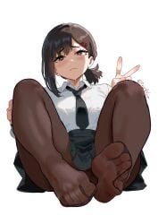 absurdres black_hair black_pantyhose black_skirt blush brown_eyes chainsaw_man feet female female_only foot_fetish foot_focus higashiyama_kobeni highres long_hair looking_at_viewer mole mole_under_eye mole_under_mouth pantyhose payetvore peace_sign red_hairclip soles tie toes v