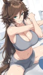 ai_generated animal_ears blue_eyes breasts female gym hair_clips horse_girl light_brown_hair long_hair mr.c.b(umamusume) sweat umamusume umamusume_pretty_derby workout_clothes