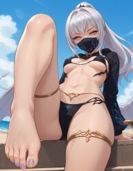 ai_generated covered_nipples dragon_girl fate/grand_order fate_(series) feet_focus female female_pubic_hair melusine_(fate) sexy sexy_pose small_breasts sultralis tagme v white_hair