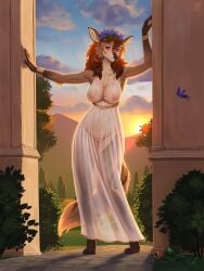 4_toes 5_fingers anthro black_nose bracelet breasts brown_body brown_fur canid canine clothed clothed_anthro clothed_female clothing deer dress feet female fingers fur genitals hacatiko hair hi_res hindpaw humanoid_hands hybrid ineffective_clothing jewelry mammal navel nipples paws pussy red_hair solo toes translucent translucent_clothing