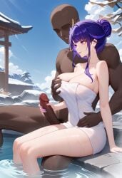 1girls ai_generated dark-skinned_male degenbrecher genshin_impact grabbing_breasts handjob large_breasts large_penis light-skinned_female naked_towel onsen partially_submerged purple_eyes purple_hair raiden_shogun wet