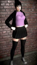 1girl alex_domino black_hair choker clothed_female ear_piercing female freckles freckles_on_face glasses goth_girl gray_eyes grey_eyes hair_bun hoodie kneehighs kneesocks nopixel skirt solo_female tattoo tattoos thighs