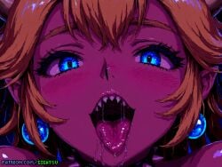ai_generated blue_eyes bowsette close-up gigatsu looking_at_viewer mario_(series) nintendo open_mouth pixel_art pointy_ears pov pov_eye_contact sharp_teeth