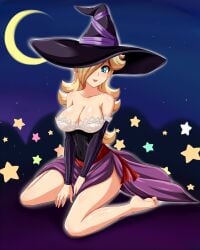 2025 ai_generated barefeet barefoot blonde_female blonde_girl blonde_hair_female blue_eyes cosplayer deviantart meta moon moonlight night night_sky nintendo not_porn one_eye_covered princess_rosalina red_lipstick sigurdhosenfeld sky_background sorceress super_mario_bros. witch witch_costume witch_hat