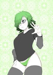 edited eraoriginal female girl gray_shirt green_background green_hair green_panties grey_pantyhose looking_away oc original_character pale_skin panties pantyhose pose tired_eyes white_body without_panties
