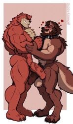absurd_res aereous anthro balls beard blush body_hair canid canine canis chest_hair collar collar_pull duo facial_hair foreskin genitals hairy_pecs half-erect hi_res humanoid_genitalia humanoid_penis kumatetsu male male/male mammal muscular muscular_anthro muscular_male nude pecs penis pubes simple_background tail the_boy_and_the_beast wolf