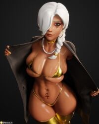1girls 3d absurd_res ana_amari big_breasts bikini breasts choker dark-skinned_female female female_only gilf gold_jewelry golden_bikini grey_hair hi_res highres huge_breasts milf nemesis_3d old_ana_amari open_robe overwatch shiny_skin thick_thighs thighhighs thighs wide_hips