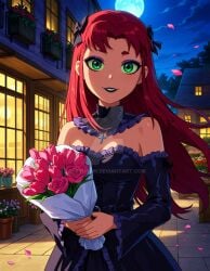 2025 ai_generated black_hairband black_lipstick black_necklace cartoon_network clouds cross_necklace dark_dress dc_comics dcau deviantart elryusam green_eyes holding_flowers looking_at_viewer meta moon moonlight night night_sky not_porn orange_body orange_skin red_eyebrows red_hair sky_background smile_at_viewer smiling_at_viewer starfire_(teen_titans) teen_titans