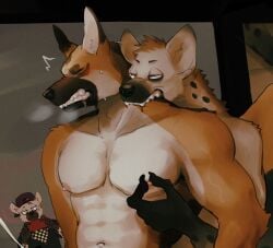 abs anthro background_character backwards_baseball_cap backwards_hat baseball_cap big_pecs bite black_body black_fur black_nose blackmail blood bodily_fluids breath brown_body brown_fur canid canine canis cellphone closed_eyes clothing criminal cropped domestic_dog duo_focus ear_piercing ear_ring ejaculation electronics fangs forced fur german_shepherd group hat headgear headwear herding_dog hi_res hyena k0bit0wani kemono looking_at_another male mammal markings nipple_fetish nipple_play nude_anthro nude_male pastoral_dog pecs phone piercing pointy_ears police police_officer rape recording recording_video ring_piercing saliva sex spots spotted_body spotted_fur teeth trio