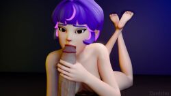 1boy 1boy1girl 1girls 3d 3d_(artwork) big_penis blowjob brown_eyes dardstro feet feet_up holding_penis juno_(overwatch) looking_at_viewer lying_on_stomach naked nude_female overwatch overwatch_2 penis penis_in_mouth pink_hair purple_hair purple_nails short_hair soles toes