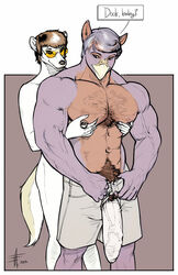 abs ambiguous_gender anthro avian beak big_penis blue_eyes body_hair canine clothing dialog eyewear falcon_mccooper falcon_mccooper_(character) glasses hair happy_trail male male_focus male_only mammal muscles nipple_piercing nipples pecs penis piercing shorts text vein