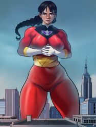 1girls big_breasts black_hair bodysuit braided_hair braided_ponytail breasts city cityscape clothed clothed_female costume female female_focus female_only giant_female giant_woman giantess light-skinned_female light_skin looking_at_viewer muscular muscular_female original original_character red_bodysuit solo solo_female solo_focus superheroine thick_thighs thighs triplexmile