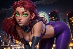 1girls ai_generated all_fours ass bent_over boomerang_(tv_network) bra breasts cartoon_network cleavage dc dc_comics elbow_gloves full_moon gloves green_eyes hi_res koriand'r lips long_hair looking_at_viewer medium_breasts moon navel night night_sky orange_skin outdoors pants progenarts red_hair shiny_clothes sky solo starfire superhero superheroine teen_titans warner_brothers
