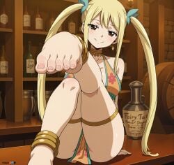 ai_generated anklet barefoot belly_dancer_outfit blonde_hair blush book bookshelf bracelet breasts brown_eyes chair choker earrings fairy_tail feet female foot_focus hair_ribbon jewelry long_hair looking_at_viewer lucy_heartfilia nail_polish on_counter phibsai pov_feet ribbon sitting smile soles solo tavern toes twintails