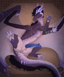 animal_genitalia anus black_body black_fur black_mane blue_anus blue_claws blue_horn blue_penis blue_tongue claws dragon erection feral fur genital_slit genitals hi_res horn looking_at_viewer male mane membrane_(anatomy) membranous_wings mythological_creature mythological_scalie mythology pawpads penis purple_claws scalie solo tongue tongue_out veoros wings