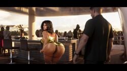 3d anus ass big_ass brown_hair bubble_butt curvy_female dinoboy555 dress earrings female grand_theft_auto grand_theft_auto_vi jason_duval latina light-skinned_male looking_at_viewer lucia_caminos male panties_down presenting_ass pubic_hair public_nudity pussy thong