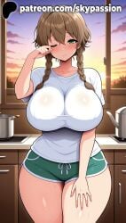 1girls 2025 ai_assisted ai_generated amane_suzuha anime artist_name blush braid breasts brown_hair bust chest clothed_female cloud cloudy_sky curvy desk dusk evening eyebrows_visible_through_hair female female_focus female_only giant_breasts green_eyes heavy_breasts hi_res high_quality high_resolution highres huge_boobs huge_breasts long_hair looking_at_viewer massive_boobs massive_breasts ocean one_eye_closed orange_sky patreon patreon_username shirt short_shorts shorts sky skypassion solo stable_diffusion steins;gate steins;gate_0 sunset sweat thick_thighs thighs twin_braids watermark white_shirt wide_hips