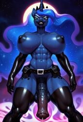 abs ai_generated anthro balls elbow_gloves friendship_is_magic futanari horsecock intersex latex muscular my_little_pony nightmare_moon_(mlp) nipples penis pony precum princess_luna_(mlp)