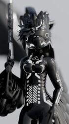absurd_res avali clothed clothing depth_of_field disappointed dronesuit fully_clothed gun haluno hi_res latex latex_clothing lever_action_rifle ranged_weapon solo visor weapon