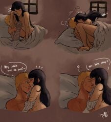 1boy 1girls artist_request black_hair blonde_hair blue_eyes blush canon_couple cuddling english_text grabbing_breasts husband_and_wife hyuuga_hinata long_hair naruto text uzumaki_naruto wholesome