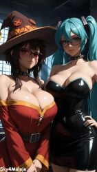 2girls ai_generated cleavage dress duo duo_female glasses hatsune_miku kono_subarashii_sekai_ni_shukufuku_wo! large_breasts looking_at_viewer megumin seductive seductive_look sexually_suggestive sky4maleja vocaloid
