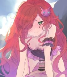anna_(granblue_fantasy) anna_(summer)_(granblue_fantasy) areola_slip bar_censor betabeet black_one-piece_swimsuit blush breasts censored cleavage clothing_aside collarbone covered_navel cowgirl_position cum granblue_fantasy green_eyes hair_ornament hair_over_one_eye highres long_bangs long_hair looking_at_viewer male_pubic_hair official_alternate_costume one-piece_swimsuit one_eye_covered penis pov pubic_hair small_breasts smile solo_focus straddling straight strap swimsuit swimsuit_aside wavy_hair