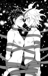 2boys blush covered_crotch covered_penis crotch_covered danganronpa danganronpa_2:_goodbye_despair gay hinata_hajime male male/male male_focus male_only monochrome nagito_komaeda naked naked_male nipples nude nude_male penis_covered ribbon ribbon_bondage ribbons tied_together tied_up uurin yaoi