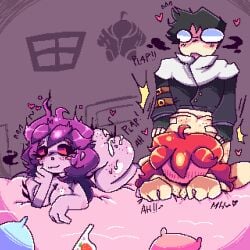 1boy 2girls after_sex anal anal_sex badeline bedroom_sex bending_over bent_over blush breasts breasts_out celeste_(game) cum cum_in_ass cum_inside cum_on_ass implied_anal madeline_(celeste) moaning nude_female original_character panties panties_aside pixel_art trans_woman transfem yun_(artist)