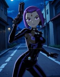 2025 ai_generated cartoon_network dc_comics dc_super_hero_girls dcau deviantart elryusam gantz_suit grey_body grey_skin holding_gun holding_pistol jewel_on_forehead meta not_porn purple_eyes purple_hair raven_(teen_titans) teen_titans