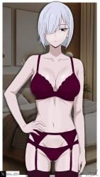 2d_(artwork) bedroom black_eyes dark_eyes earrings emotionless fiona_frost garter_belt hand_on_hip lingerie nightfall_(spy_x_family) pale_skin real_background red_underwear signature silver_hair spy_x_family tagme tim_heyderich twitter_username underwear white_hair