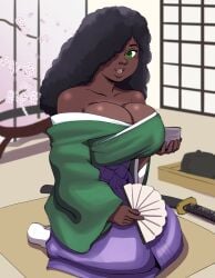 abigail_owens_(superscrub) black_hair cherry_blossoms cleavage commissioner_upload dark-skinned_female dark-skinned_futanari giant_breasts green_eyes katana sitting_on_floor tagme taller_female