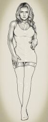 actress black_and_white busty celebrity dafne_keen dress full_body fully_clothed idrawnudeladies large_breasts latex latex_dress latex_thighhighs long_hair monochrome pinup real_person thighhighs wide_hips younger_female
