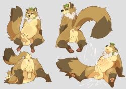 absurd_res after_sex anthro anus ass ass_up backsack balls belly big_balls bodily_fluids brown_body brown_fur canid canine cometdragonite cum cum_in_ass cum_inside cum_on_butt cumshot ejaculation fluffy fluffy_tail fur genital_fluids genitals hands-free hi_res kneeling leaf leaf_on_head male mammal multiple_poses neck_tuft overweight overweight_anthro overweight_male pose presenting presenting_hindquarters raccoon_dog raised_tail simple_background smile solo tail tail_anus tanuki tuft