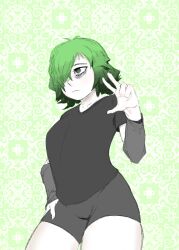 eraoriginal female girl gray_clothes green_background green_hair looking_away oc original_character pale_skin pose skirt tired_eyes white_body