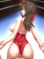 1boy arm_grab ass brown_hair closed_eyes cum ejaculation female highres hiro_(hankakudouga) leotard looking_back open_mouth wrestler wrestling wrestling_outfit wrestling_ring