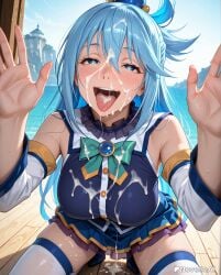 ai_generated aqua_(konosuba) bangs bare_shoulders blue_eyes blue_hair blue_shirt blue_skirt blush bow breasts cum cum_in_mouth cum_on_body cum_on_clothes cum_on_tongue detached_sleeves facial female hair_between_eyes hair_ornament hair_rings half-closed_eyes large_breasts long_hair looking_at_viewer naughty_face novelleai open_mouth skirt smile solo squatting teeth thigh_boots thighhighs tongue tongue_out white_thighhighs