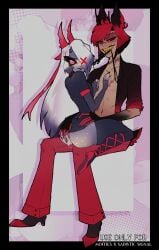 1_eye alastor_(hazbin_hotel) angel angel_humanoid animal_humanoid ass big_ass blush bodily_fluids bow_ribbon breasts claws clothed clothing deer deer_humanoid demon demon_humanoid dialogue duo female genital_fluids grey-skinned_female grey_body hair hazbin_hotel hi_res humanoid male male/female mammal mammal_humanoid masturbation partially_clothed red_hair scar simple_background vaggie_(hazbin_hotel) vaggistor vaginal_masturbation white_hair