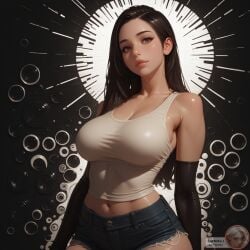 ai_generated black_hair brown_eyes cute elbow_gloves female jeans large_breasts long_hair lunali_artwork sexy tank_top tifa_lockhart wide wide_hips
