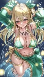 arms_up bikini blonde_hair blue_nails blush body_markings breasts brown_eyes detached_sleeves fairy_tail female green_bikini green_sarong green_sleeves highres himonoata large_breasts long_hair looking_at_viewer lucy_heartfilia nail_polish parted_lips sandals sarong solo swimsuit thigh_strap toenail_polish toenails two_side_up very_long_hair water