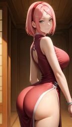 1girls ai_generated ass ass_focus back_view bare_legs big_ass boruto:_naruto_next_generations bottom_heavy bottomless bubble_ass bubble_butt cameltoe china_dress chinese_clothes dress female female_only from_behind green_eyes huge_ass legs_together light-skinned_female light_skin long_hair looking_away looking_to_the_side mature mature_female naruto naruto_(series) no_panties paipan pale-skinned_female pale_skin pants pink_hair presenting presenting_ass presenting_hindquarters rear_view red_dress round_ass sakura_haruno seraphicsoul9 smile solo solo_focus thighs upper_body viewed_from_behind