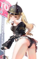 1girls ass baseball_bat black_gloves black_helmet black_jacket black_shorts blonde_hair clip_studio_paint_(medium) combat_helmet commentary_request cowboy_shot crop_top cutoffs desire_(des1re) female gloves half_gloves helmet highres jacket long_hair looking_at_viewer looking_back luciana_de_montefio lucy's_crew_(zenless_zone_zero) mask mask_around_neck metal_baseball_bat micro_shorts pickelhaube red_eyes road_sign shorts sign solo stop_sign white_background zenless_zone_zero