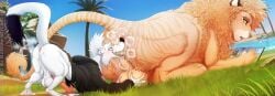 anus balls brown_body brown_fur butt_sniffing duo erection felid feline feral fur genitals grass green_eyes hi_res lion magayser male male/male mammal mustelid musteline pantherine perineum pink_anus plant size_difference sniffing stoat true_musteline weasel white_body white_fur