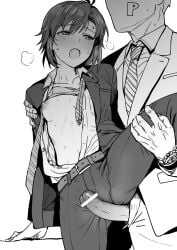 1boy :o bar_censor belt blush breasts censored collared_shirt diagonal-striped_clothes diagonal-striped_necktie erection faceless faceless_male female greyscale half-closed_eyes highres idolmaster idolmaster_(classic) jacket kikuchi_makoto leg_lift monochrome necktie nipples open_clothes open_jacket open_mouth open_shirt pants penis producer_(idolmaster) shirt short_hair simple_background standing straight striped_clothes suit tsurui watch white_background wristwatch