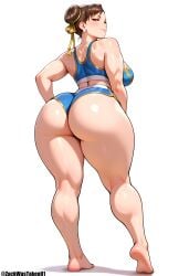 1girls ai_generated ass bare_legs bare_shoulders bare_thighs barefoot big_ass big_breasts breasts capcom chun-li female legs looking_at_viewer looking_back shorts solo sports_bra street_fighter thick_thighs zackwastaken01