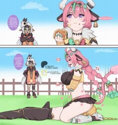 1boy2girls aether_(genshin_impact) ahoge aroused ass big_breasts blonde_hair breasts clothed clothing cow_girl crumbs cunnilingus dialogue eating erect_penis erection_under_clothes facesitting female genshin_impact horns hoyoverse iansan_(genshin_impact) long_hair lorilarry mihoyo oral pink_hair pointy_ears sexercise short_hair tail text training traveler_(genshin_impact) varesa_(genshin_impact) white_hair