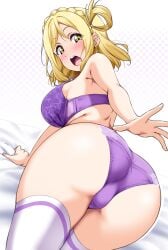 1girls armpits ass ass_focus bare_shoulders bed_sheet bent_over blonde_hair blush bra braid breasts commentary crown_braid hair_rings highres lace lace_bra lace_panties large_breasts looking_at_viewer looking_back love_live! love_live!_sunshine!! ohara_mari on_bed panties polka_dot polka_dot_background purple_bra purple_panties single_hair_ring solo thick_thighs thighhighs thighs underwear underwear_only white_thighhighs yellow_eyes yopparai_oni