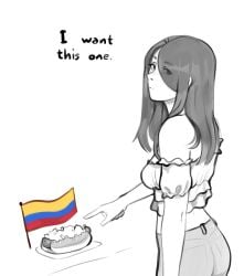 1girls black_hair colombian_flag crop_top dialogue eye_visible_through_hair hair_over_one_eye hot_dog jeans long_hair looking_at_viewer nila_(telepurte) pointing shoulderless_topwear slim tagme telepurte