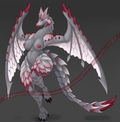 absurd_res anthro areola big_breasts breasts capcom claws female flying_wyvern genitals hi_res horn khemmmis monster_hunter nipples nude pussy scales scalie simple_background solo sparkling_zerureusu tail thick_thighs wings