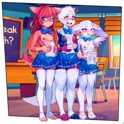 3girls absurdres animal_ears bird_girl blue_bow blue_bowtie blue_eyes blue_skirt border bow bowtie breasts classroom commentary commission cum cum_on_body cum_on_clothes english_commentary facial feathered_wings female full_body furry furry_female highres holding holding_paper indoors long_hair miniskirt moneymop multiple_girls nipples orange_eyes original paper purple_eyes red_hair short_hair skirt small_breasts standing tail thighhighs toeless_legwear topless_female transparent_border variant_set white_thighhighs wings